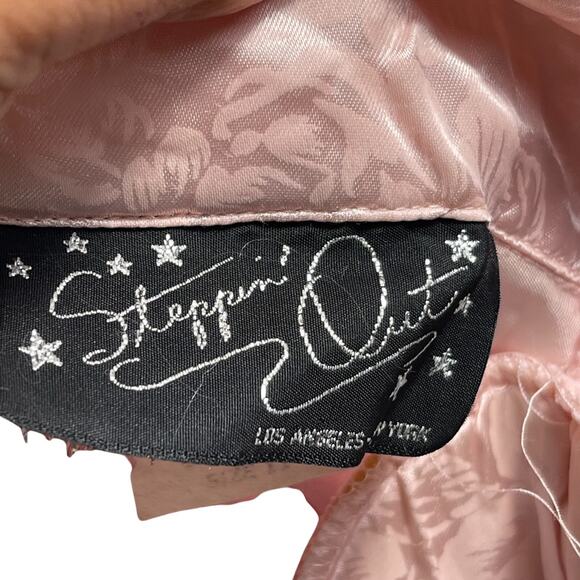 VTG 80s Pink Satin Brocade Long Blazer L Coquette Pretty in Pink Shoulder Pads - Picture 7 of 8